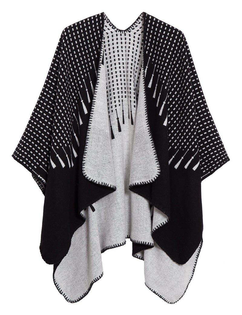 EXCHIC Womenâ€™s Retro Warm Shawls Poncho Cape Floral Printed Open Front Cardigans Sweater (2 Black) - Image 1